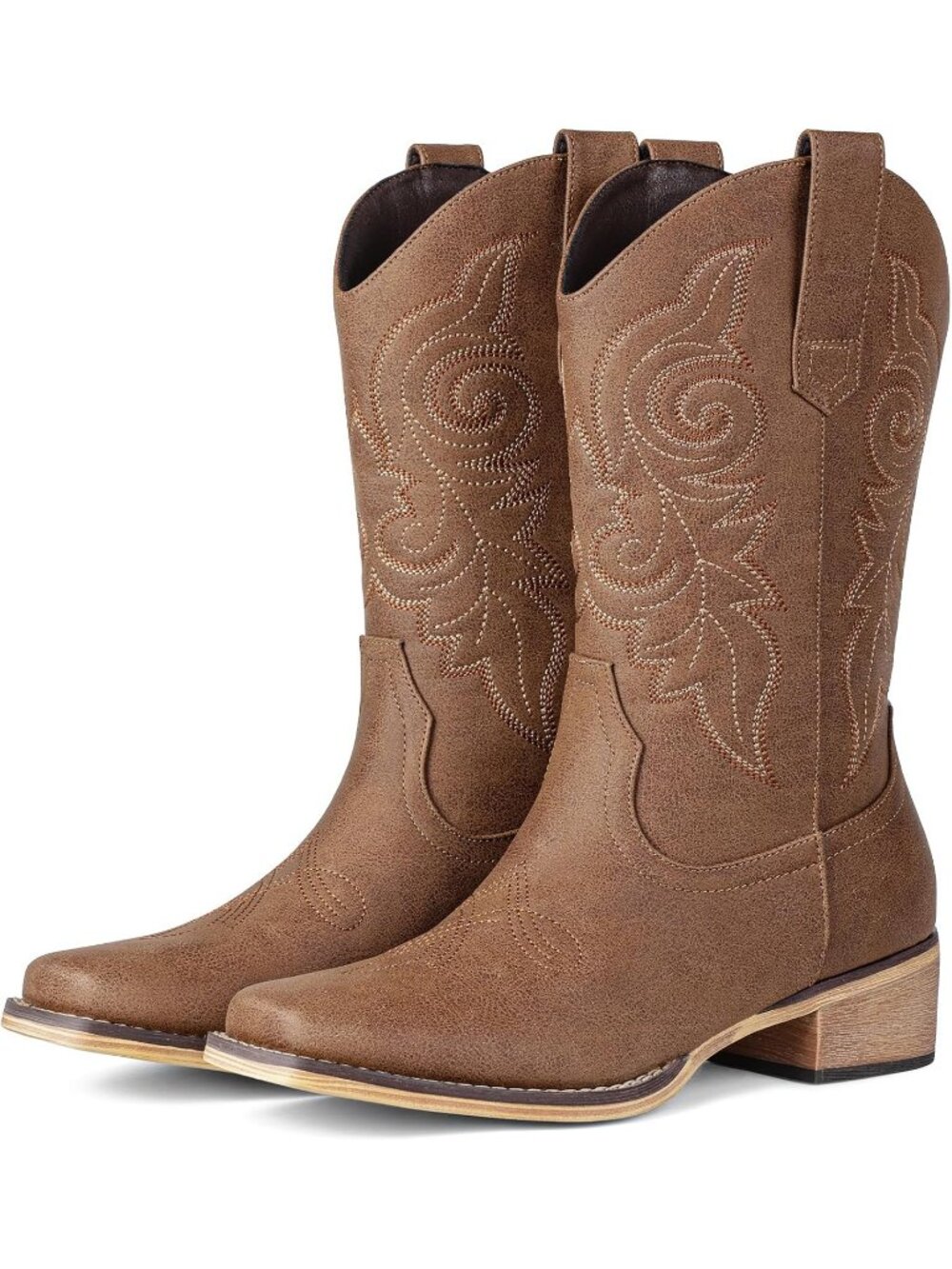 Women's Boots Mid Calf Red Brown Rubber Square Toe Solid Low Heel Stitched